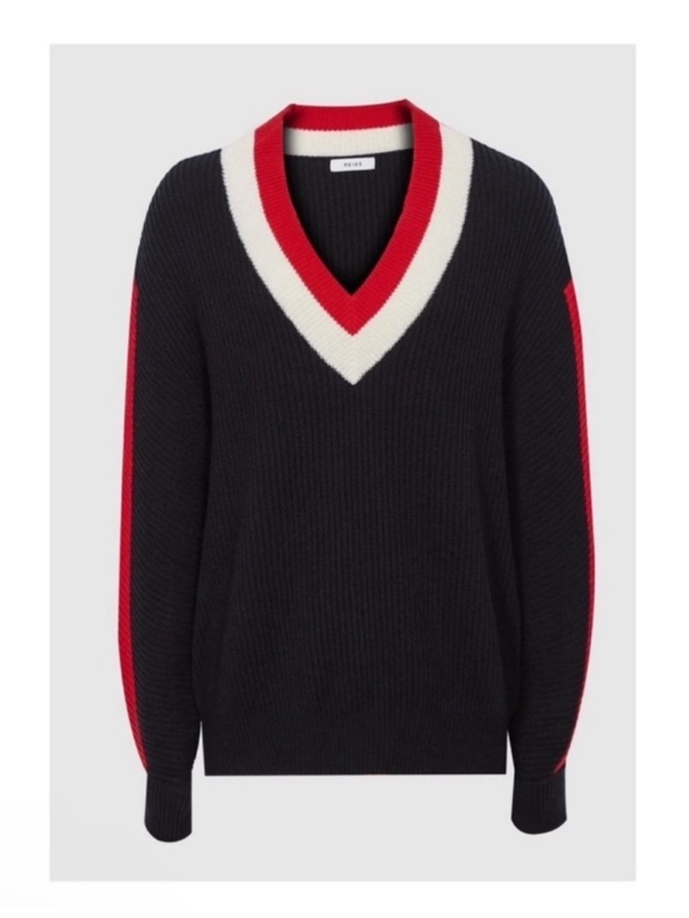 New! REISS Cora Wool Blend V Neck Cricket Sweater Navy Red White Striped